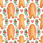 gingerbread men, coral pink, cream white, forest green, red berries, hearts, holiday, christmas, winter, whimsical, festive, cheerful, playful, cute, decorative, baking themed, kitchen decor, traditional, classic, children's, kids room, nursery, sweet treats, baked goods, holly leaves, charming, nostalgic, vintage inspired, jolly