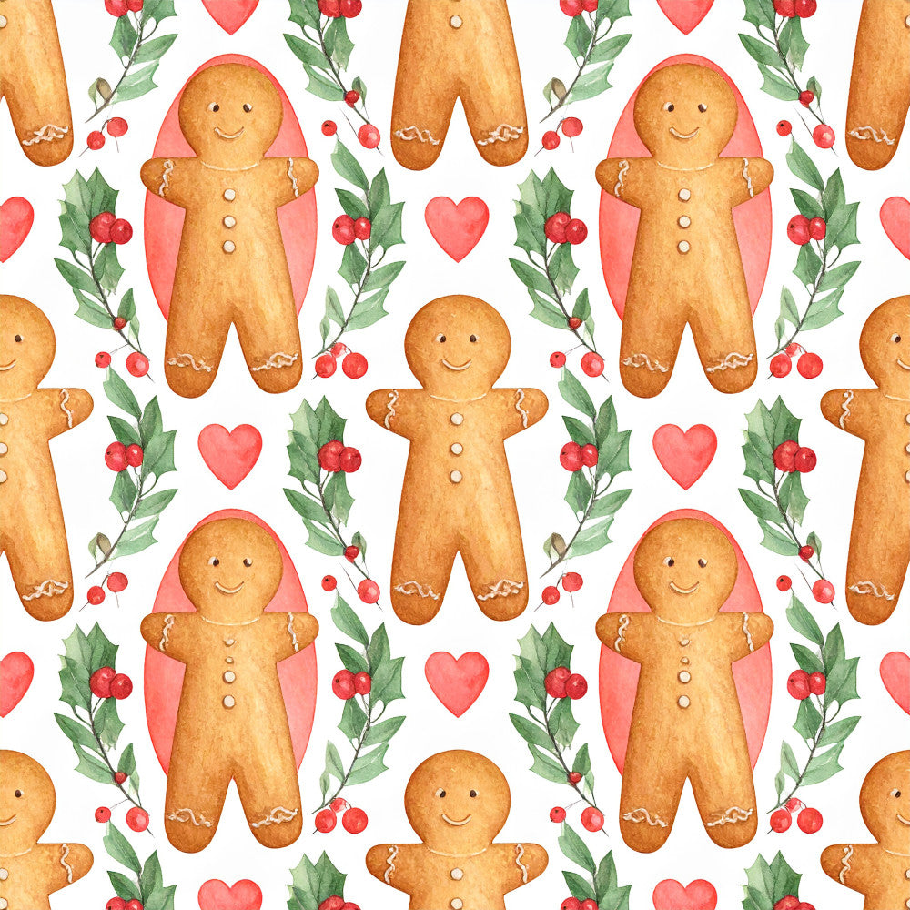 gingerbread men, coral pink, cream white, forest green, red berries, hearts, holiday, christmas, winter, whimsical, festive, cheerful, playful, cute, decorative, baking themed, kitchen decor, traditional, classic, children's, kids room, nursery, sweet treats, baked goods, holly leaves, charming, nostalgic, vintage inspired, jolly