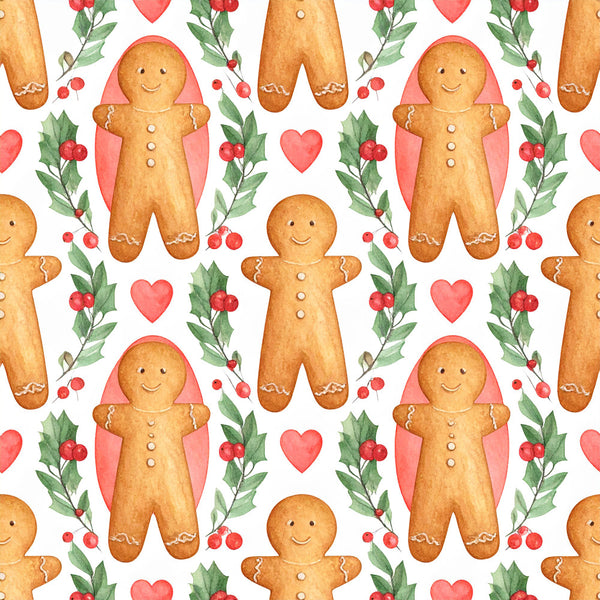 gingerbread men, coral pink, cream white, forest green, red berries, hearts, holiday, christmas, winter, whimsical, festive, cheerful, playful, cute, decorative, baking themed, kitchen decor, traditional, classic, children's, kids room, nursery, sweet treats, baked goods, holly leaves, charming, nostalgic, vintage inspired, jolly