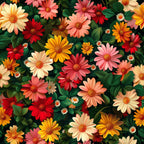 realistic flowers, daisy pattern, floral design,, fabric panel, coral pink, golden yellow, deep red, cream white, orange petals, green foliage, botanical print, garden flowers, nature motif, vibrant colors, seamless pattern, spring blooms, mixed florals, cottage style, cheerful mood