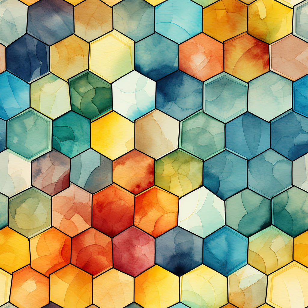 watercolor, honeycomb pattern, hexagonal shapes, geometric design, blue tones, orange hues, yellow shades, green colors, red accents, teal, turquoise, coral, amber, abstract art, modern style,, fabric panel, artistic texture, contemporary pattern, vibrant colors