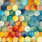 watercolor, honeycomb pattern, hexagonal shapes, geometric design, blue tones, orange hues, yellow shades, green colors, red accents, teal, turquoise, coral, amber, abstract art, modern style,, fabric panel, artistic texture, contemporary pattern, vibrant colors