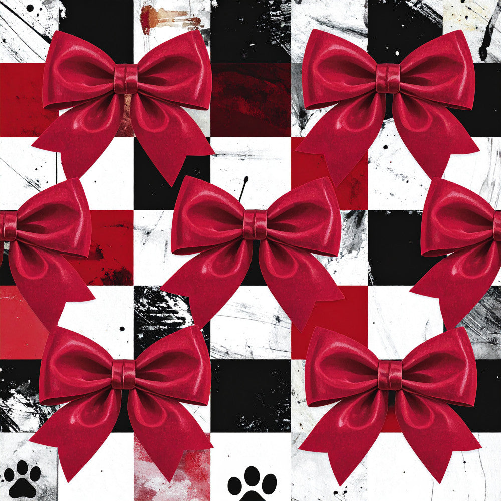 red bows, crimson red, black and white checkered, geometric plaid, holiday, christmas, festive, elegant, modern, whimsical, paw prints, pet themed, distressed texture, grunge, red velvet, four square pattern, gift wrapping inspired, decorative bows, classic red, monochromatic, playroom, kids room, festive celebration, cheerful, bold geometric, luxury style, party theme