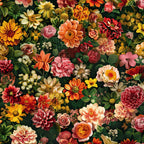 realistic flowers, floral pattern, botanical design, autumn colors, orange blooms, red dahlias, pink roses, yellow flowers, coral petals, burgundy blossoms, green foliage, densely packed, vintage style,, fabric panel, garden theme, mixed florals, warm tones, intricate details, nature motifs