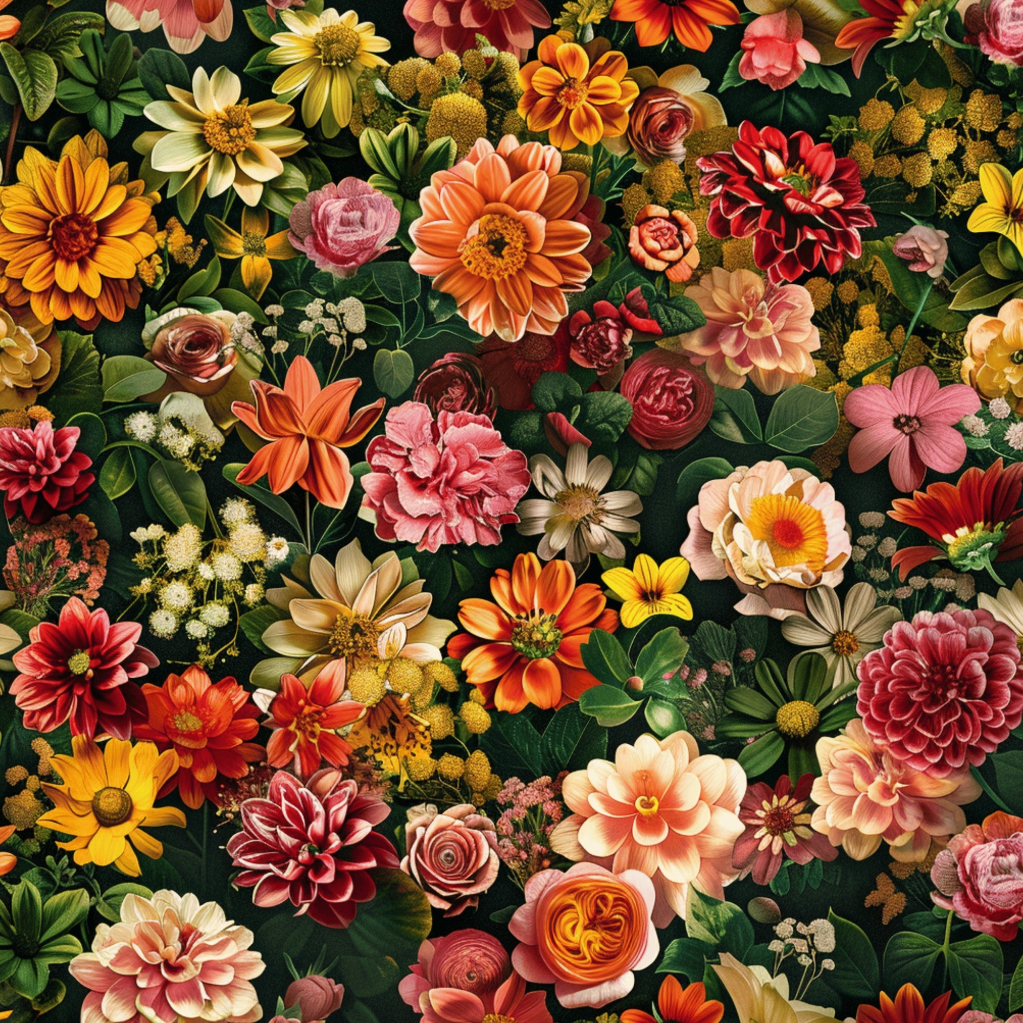 realistic flowers, floral pattern, botanical design, autumn colors, orange blooms, red dahlias, pink roses, yellow flowers, coral petals, burgundy blossoms, green foliage, densely packed, vintage style,, fabric panel, garden theme, mixed florals, warm tones, intricate details, nature motifs