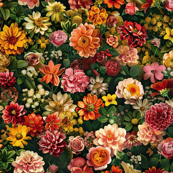 realistic flowers, floral pattern, botanical design, autumn colors, orange blooms, red dahlias, pink roses, yellow flowers, coral petals, burgundy blossoms, green foliage, densely packed, vintage style,, fabric panel, garden theme, mixed florals, warm tones, intricate details, nature motifs