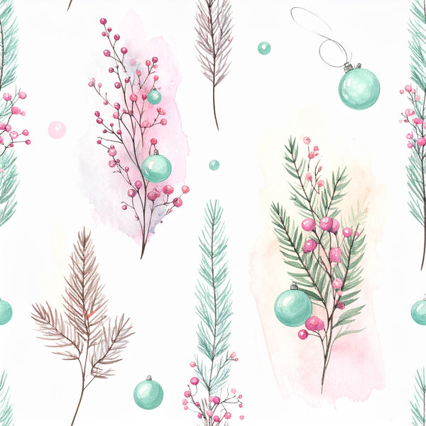 sage green, mint green, dusty rose, mauve, watercolor, botanical, floral, nature, whimsical, elegant, modern, festive, christmas, holiday, evergreen branches, berry sprigs, ornaments, delicate, soft, feminine, winter, nursery, playroom, kids room, baby shower, decorative, peaceful, serene, minimalist aesthetic