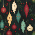 forest green, deep red, cream, gold accents, vintage ornaments, holiday, christmas, festive, elegant, traditional, nostalgic, retro, winter, evergreen branches, berries, baubles, teardrop ornaments, spherical ornaments, metallic details, classic christmas, vintage holiday, timeless, decorative ornaments, nature-inspired, botanical, seasonal, celebratory, sophisticated, warm tones