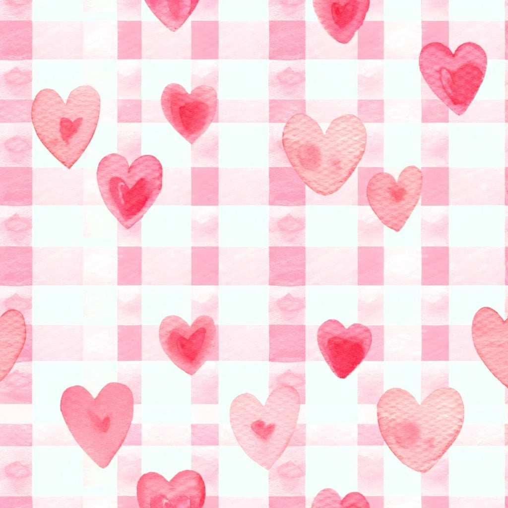 pink hearts, watercolor hearts, checkered background, gingham pattern, pastel pink, coral pink, rose pink,, fabric panel, romantic pattern, valentine theme, love motif, soft watercolor, heart shapes, pink and white, checkerboard design, sweet pattern, feminine design, craft fabric, patchwork fabric