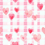 pink hearts, watercolor hearts, checkered background, gingham pattern, pastel pink, coral pink, rose pink,, fabric panel, romantic pattern, valentine theme, love motif, soft watercolor, heart shapes, pink and white, checkerboard design, sweet pattern, feminine design, craft fabric, patchwork fabric
