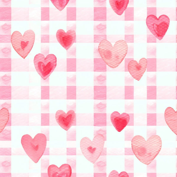 pink hearts, watercolor hearts, checkered background, gingham pattern, pastel pink, coral pink, rose pink,, fabric panel, romantic pattern, valentine theme, love motif, soft watercolor, heart shapes, pink and white, checkerboard design, sweet pattern, feminine design, craft fabric, patchwork fabric
