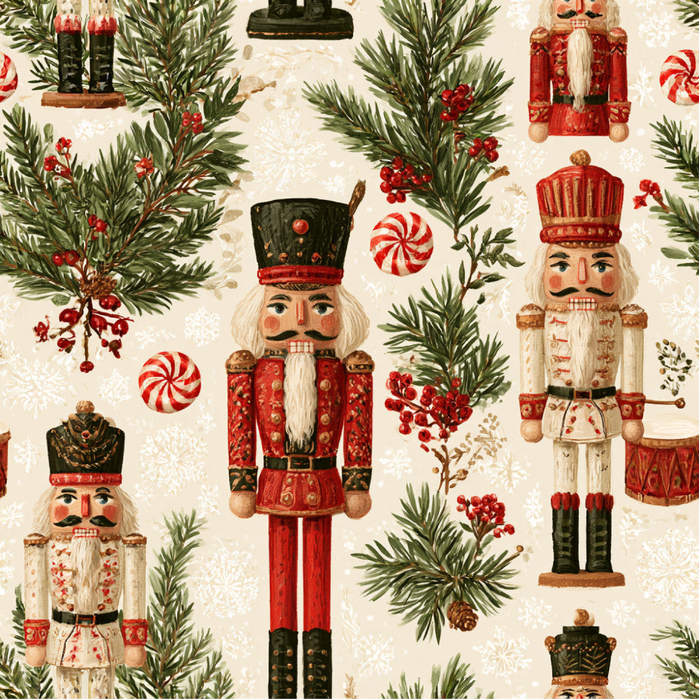 nutcracker, christmas, holiday, traditional, vintage, cream, red, forest green, black, gold, festive, nutcracker soldiers, evergreen branches, pine branches, berries, candy canes, peppermint, whimsical, classic, elegant, winter, seasonal, children's, kids room, nursery, decorative, toy soldiers, red and green, nostalgic, retro holiday