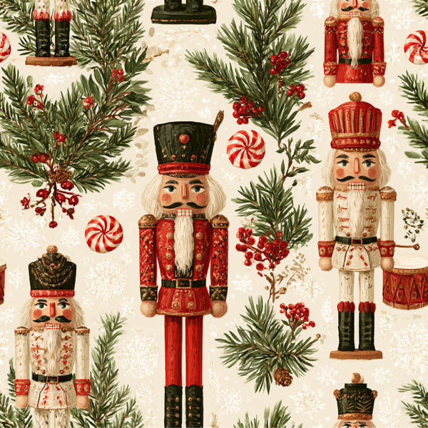 nutcracker, christmas, holiday, traditional, vintage, cream, red, forest green, black, gold, festive, nutcracker soldiers, evergreen branches, pine branches, berries, candy canes, peppermint, whimsical, classic, elegant, winter, seasonal, children's, kids room, nursery, decorative, toy soldiers, red and green, nostalgic, retro holiday