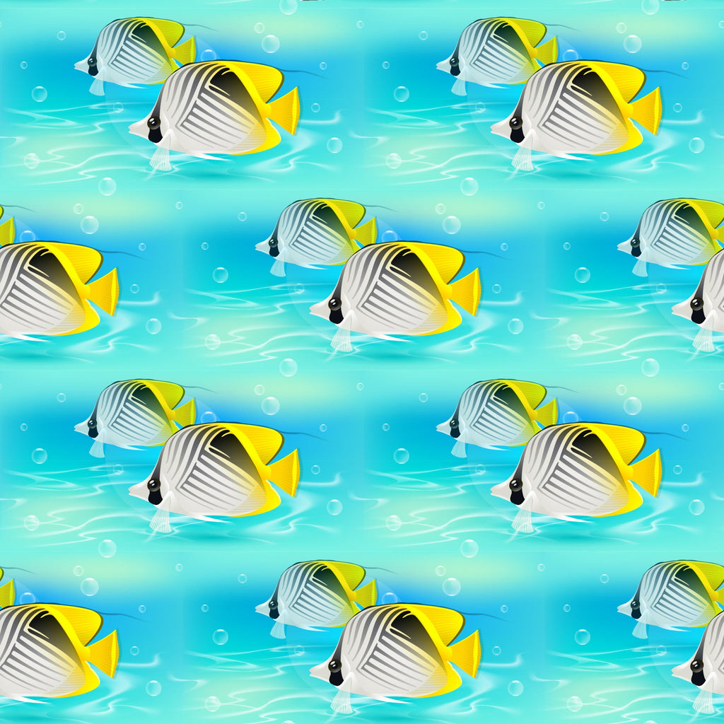 turquoise, aqua blue, yellow, tropical fish, butterflyfish, underwater scene, ocean bubbles, seamless repeat, swimming fish, coral reef fish, marine life,, fabric panel, summer theme, beach vibes, water ripples, sea creatures, tropical pattern, aquatic design, bright colors