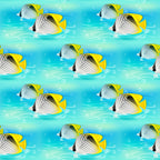 turquoise, aqua blue, yellow, tropical fish, butterflyfish, underwater scene, ocean bubbles, seamless repeat, swimming fish, coral reef fish, marine life,, fabric panel, summer theme, beach vibes, water ripples, sea creatures, tropical pattern, aquatic design, bright colors
