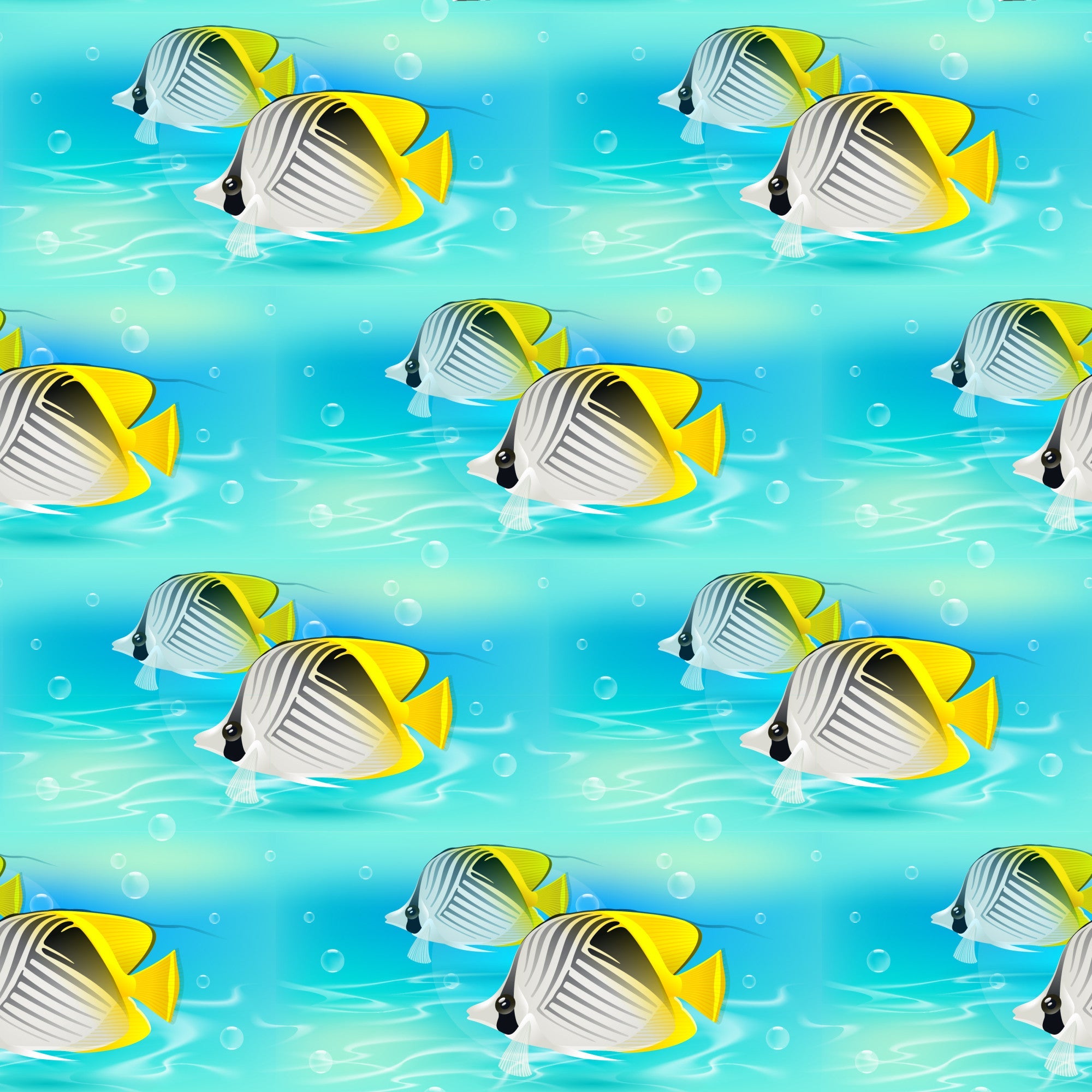 turquoise, aqua blue, yellow, tropical fish, butterflyfish, underwater scene, ocean bubbles, seamless repeat, swimming fish, coral reef fish, marine life,, fabric panel, summer theme, beach vibes, water ripples, sea creatures, tropical pattern, aquatic design, bright colors