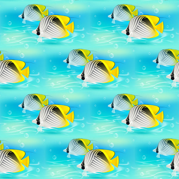 turquoise, aqua blue, yellow, tropical fish, butterflyfish, underwater scene, ocean bubbles, seamless repeat, swimming fish, coral reef fish, marine life,, fabric panel, summer theme, beach vibes, water ripples, sea creatures, tropical pattern, aquatic design, bright colors