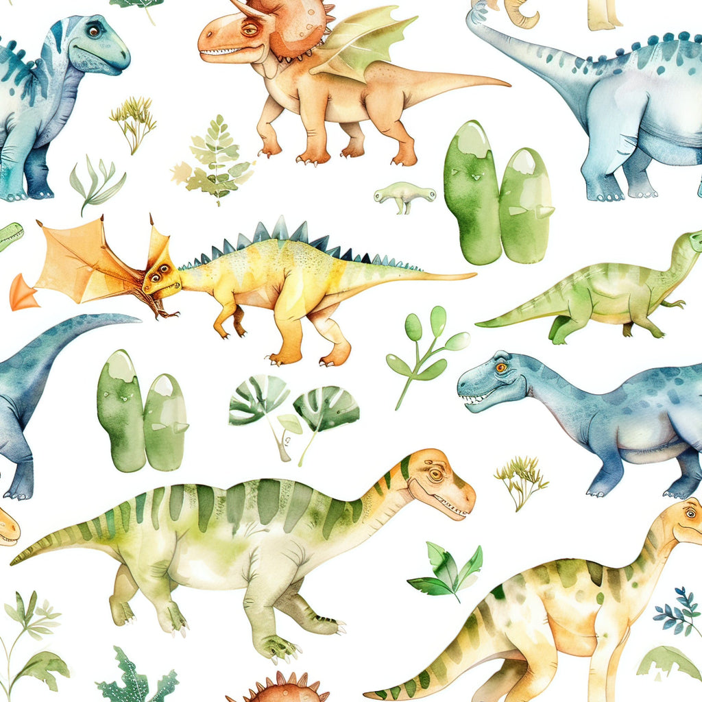 watercolor dinosaurs, prehistoric creatures, soft pastels, blue dinosaurs, green foliage, orange accents, yellow tones, botanical elements, leaves, plants, whimsical illustration, children's fabric, nursery theme,, fabric panel, seamless pattern, gentle colors, nature motifs, reptiles, dinosaur species