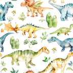 watercolor dinosaurs, prehistoric creatures, soft pastels, blue dinosaurs, green foliage, orange accents, yellow tones, botanical elements, leaves, plants, whimsical illustration, children's fabric, nursery theme,, fabric panel, seamless pattern, gentle colors, nature motifs, reptiles, dinosaur species