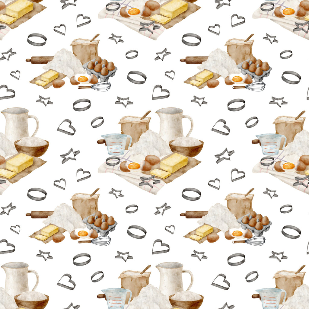 watercolor, baking pattern,, fabric panel, kitchen utensils, eggs, butter, flour, measuring cups, rolling pin, whisk, cookie cutters, heart shapes, star shapes, baking ingredients, cooking tools, neutral tones, beige, brown, yellow, white background, repeating pattern, culinary theme, kitchen accessories