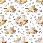 watercolor, baking pattern,, fabric panel, kitchen utensils, eggs, butter, flour, measuring cups, rolling pin, whisk, cookie cutters, heart shapes, star shapes, baking ingredients, cooking tools, neutral tones, beige, brown, yellow, white background, repeating pattern, culinary theme, kitchen accessories