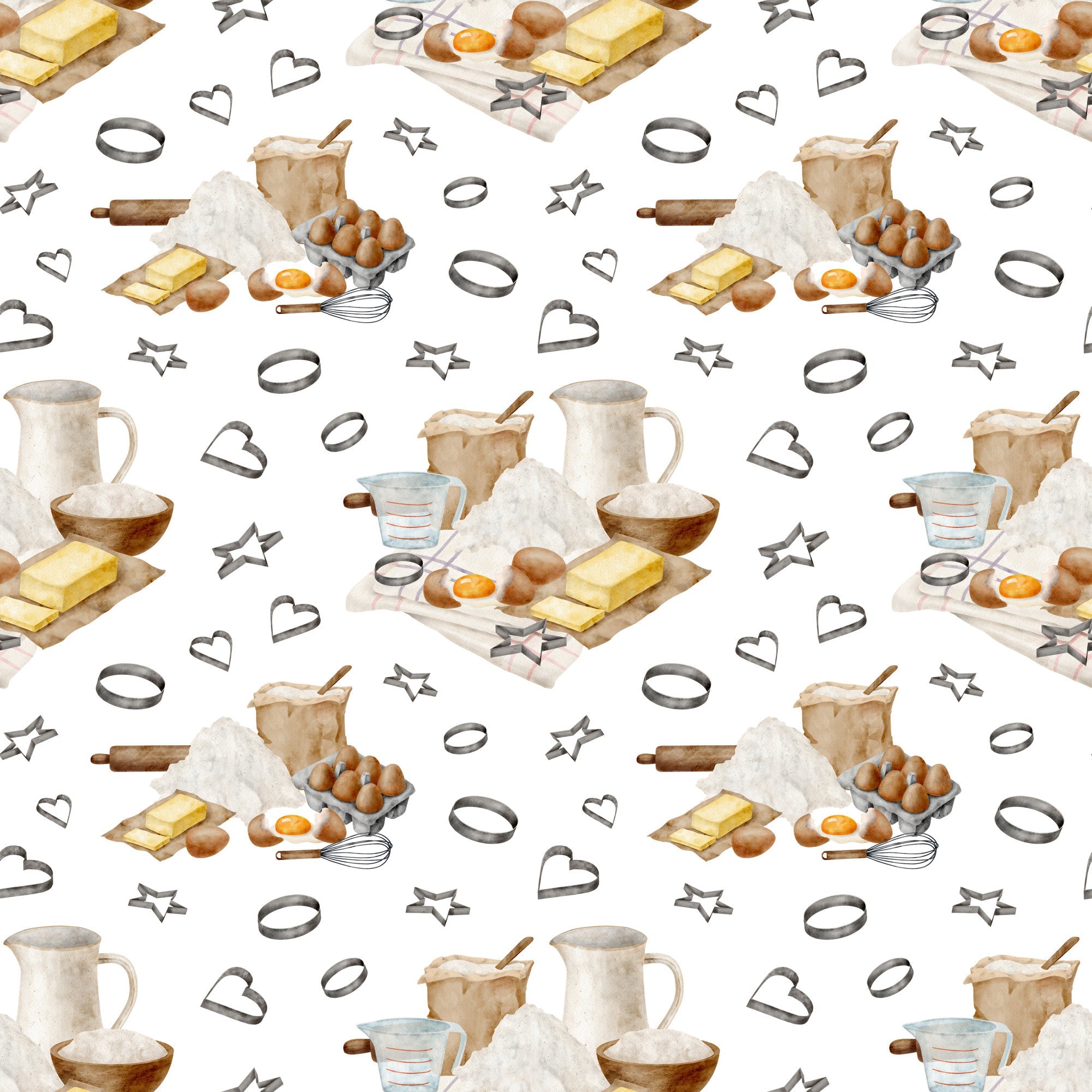 watercolor, baking pattern,, fabric panel, kitchen utensils, eggs, butter, flour, measuring cups, rolling pin, whisk, cookie cutters, heart shapes, star shapes, baking ingredients, cooking tools, neutral tones, beige, brown, yellow, white background, repeating pattern, culinary theme, kitchen accessories
