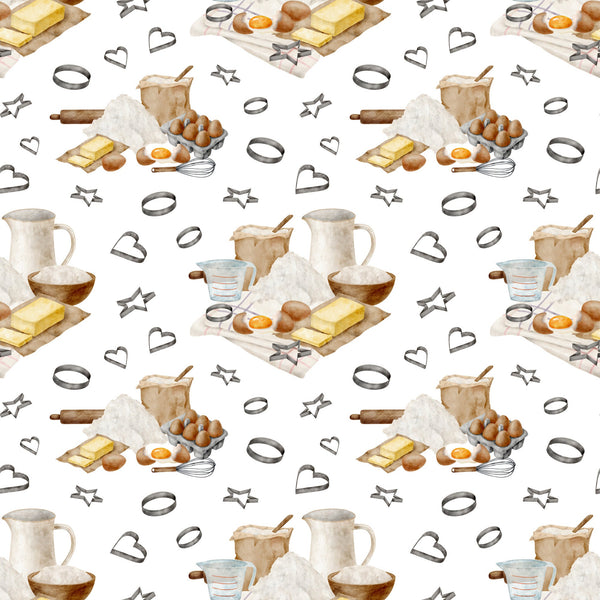 watercolor, baking pattern,, fabric panel, kitchen utensils, eggs, butter, flour, measuring cups, rolling pin, whisk, cookie cutters, heart shapes, star shapes, baking ingredients, cooking tools, neutral tones, beige, brown, yellow, white background, repeating pattern, culinary theme, kitchen accessories