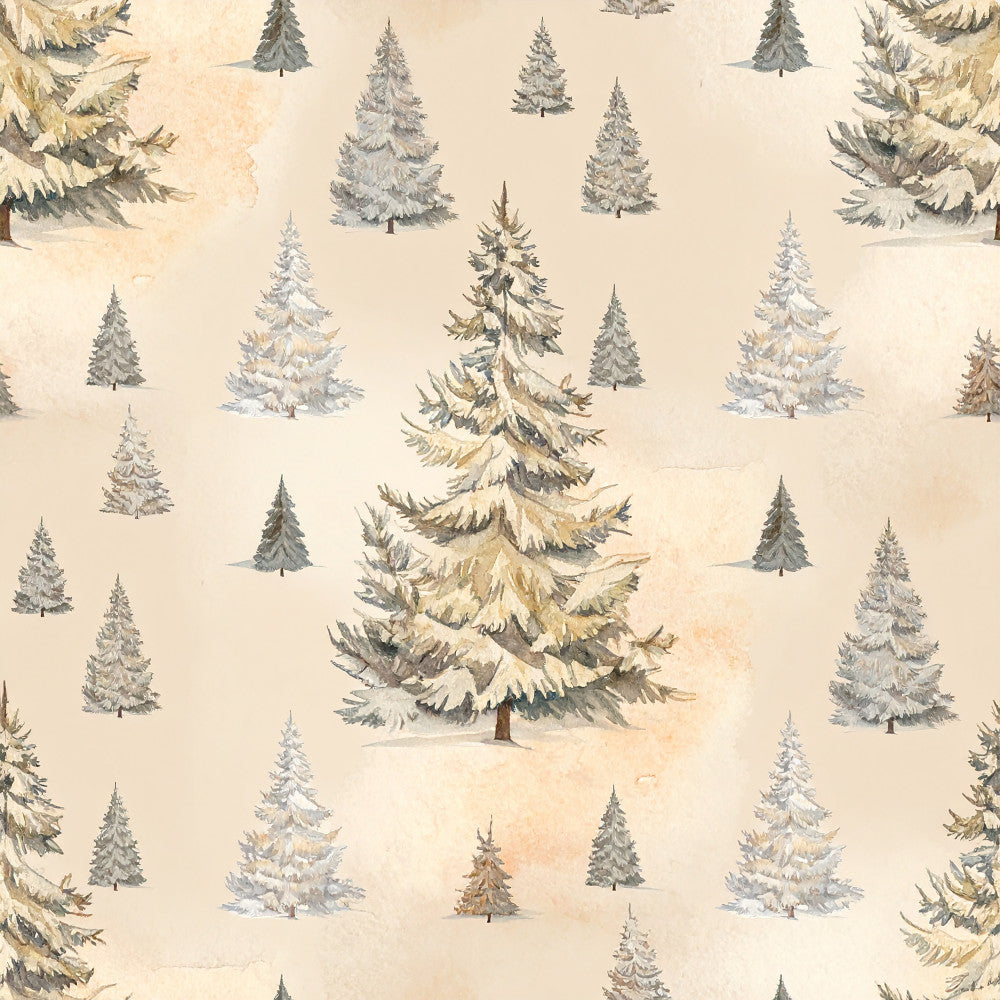 winter trees, snow-covered trees, evergreen, pine trees, forest, woodland, nature, holiday, christmas, winter, vintage, rustic, cream, beige, tan, gray, sage green, taupe, traditional, peaceful, serene, forest green, neutral tones, coniferous trees, snowy landscape, alpine, mountainous, cottage core, farmhouse, winter wonderland