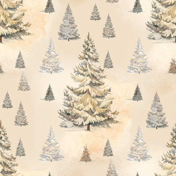 winter trees, snow-covered trees, evergreen, pine trees, forest, woodland, nature, holiday, christmas, winter, vintage, rustic, cream, beige, tan, gray, sage green, taupe, traditional, peaceful, serene, forest green, neutral tones, coniferous trees, snowy landscape, alpine, mountainous, cottage core, farmhouse, winter wonderland