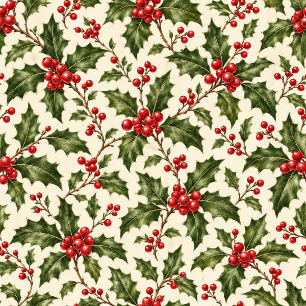 holly, red berries, green leaves, cream background, ivory background, christmas, holiday, winter, traditional, vintage, botanical, nature, festive, elegant, classic, red and green, berry clusters, holly leaves, seasonal, decorative, timeless, formal, botanical print, natural, rustic-elegant, christmas theme, winter theme