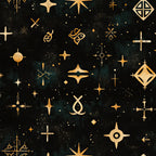 gold, cream, dark navy, deep teal, celestial, stars, crosses, geometric, modern, elegant, spiritual, religious, night sky, starry, four-point stars, diamond shapes, abstract symbols, mystical, contemporary, sophisticated, metallic gold accents, constellation, heavenly, faith-inspired, sacred geometry, ornate crosses, decorative stars, luxury aesthetic, enchanted