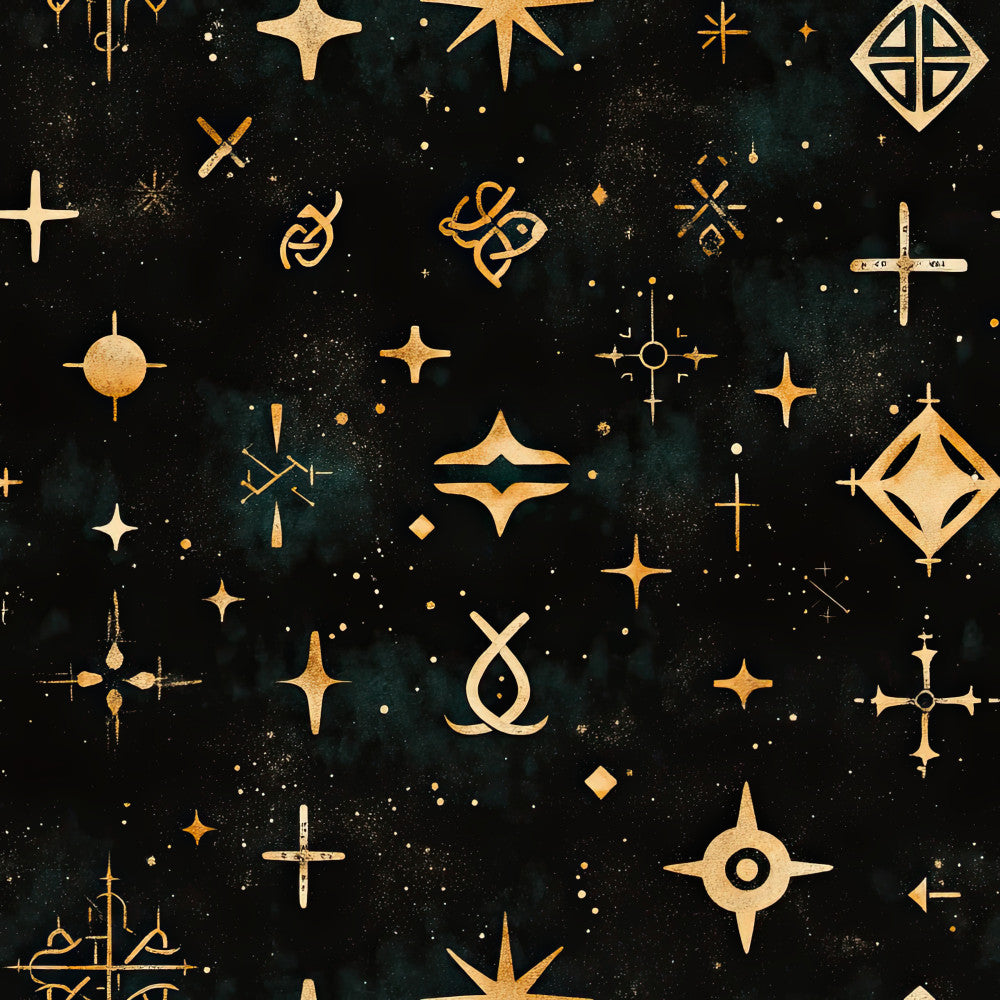 gold, cream, dark navy, deep teal, celestial, stars, crosses, geometric, modern, elegant, spiritual, religious, night sky, starry, four-point stars, diamond shapes, abstract symbols, mystical, contemporary, sophisticated, metallic gold accents, constellation, heavenly, faith-inspired, sacred geometry, ornate crosses, decorative stars, luxury aesthetic, enchanted