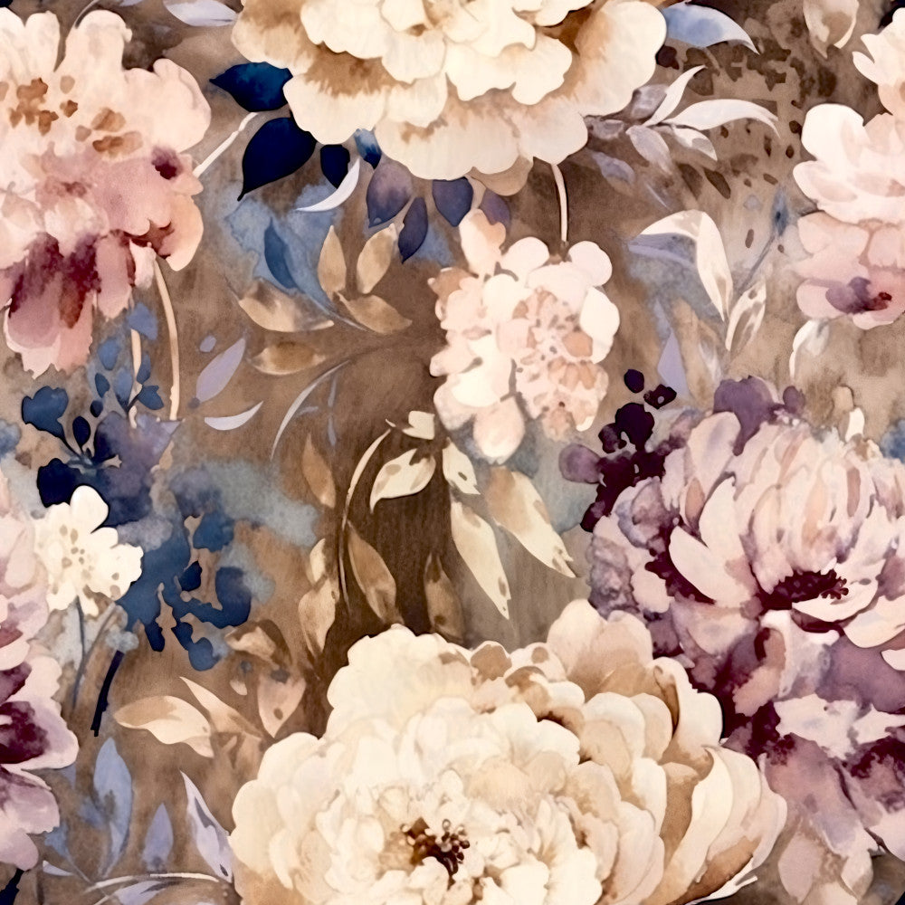 cream floral, dusty rose, navy blue, mauve, taupe, watercolor flowers, peonies, romantic floral, vintage botanical, elegant, sophisticated, traditional, spring, garden, nature, soft florals, blush pink, deep purple, burgundy accents, cottage core, classic, timeless, baby girl, nursery, feminine, delicate flowers, layered petals