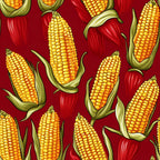 sweet corn, corn cobs, yellow kernels, golden yellow, red background, crimson red, green husks, vegetable pattern, food motif, harvest theme, autumn colors, seamless repeat,, fabric panel, realistic illustration, farm fresh, agricultural design, corn on the cob, vibrant colors, kitchen theme