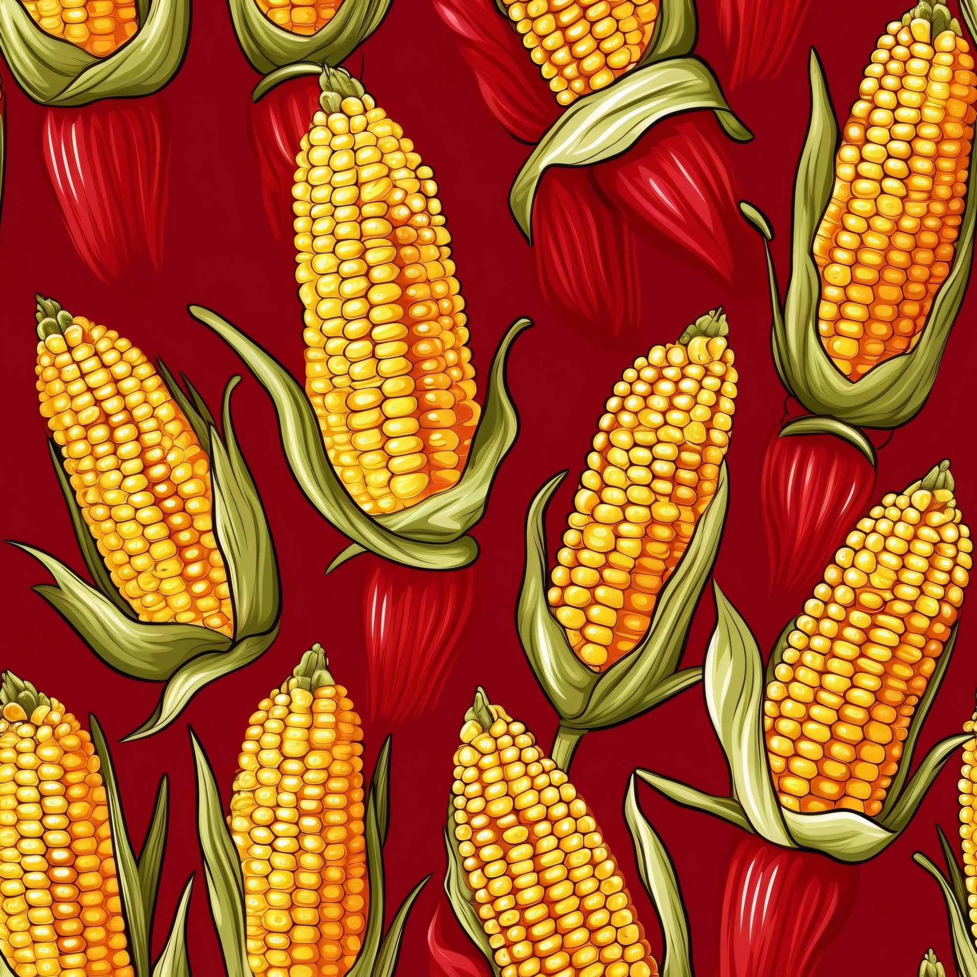 sweet corn, corn cobs, yellow kernels, golden yellow, red background, crimson red, green husks, vegetable pattern, food motif, harvest theme, autumn colors, seamless repeat,, fabric panel, realistic illustration, farm fresh, agricultural design, corn on the cob, vibrant colors, kitchen theme