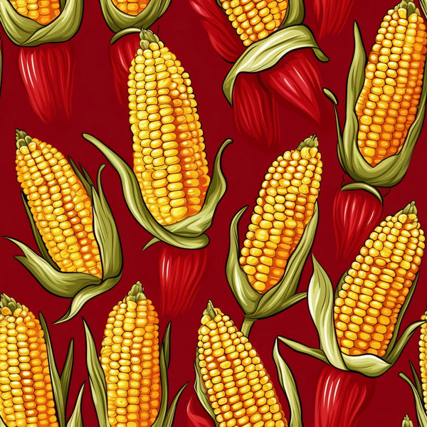 sweet corn, corn cobs, yellow kernels, golden yellow, red background, crimson red, green husks, vegetable pattern, food motif, harvest theme, autumn colors, seamless repeat,, fabric panel, realistic illustration, farm fresh, agricultural design, corn on the cob, vibrant colors, kitchen theme