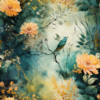 tropical bird, orange flowers, teal background, watercolor style, hummingbird, peach blooms, sage green, golden accents, botanical design, nature scene,, fabric panel, autumn colors, floral motif, dreamy atmosphere, layered petals, branch perch, artistic illustration, soft pastels, organic shapes