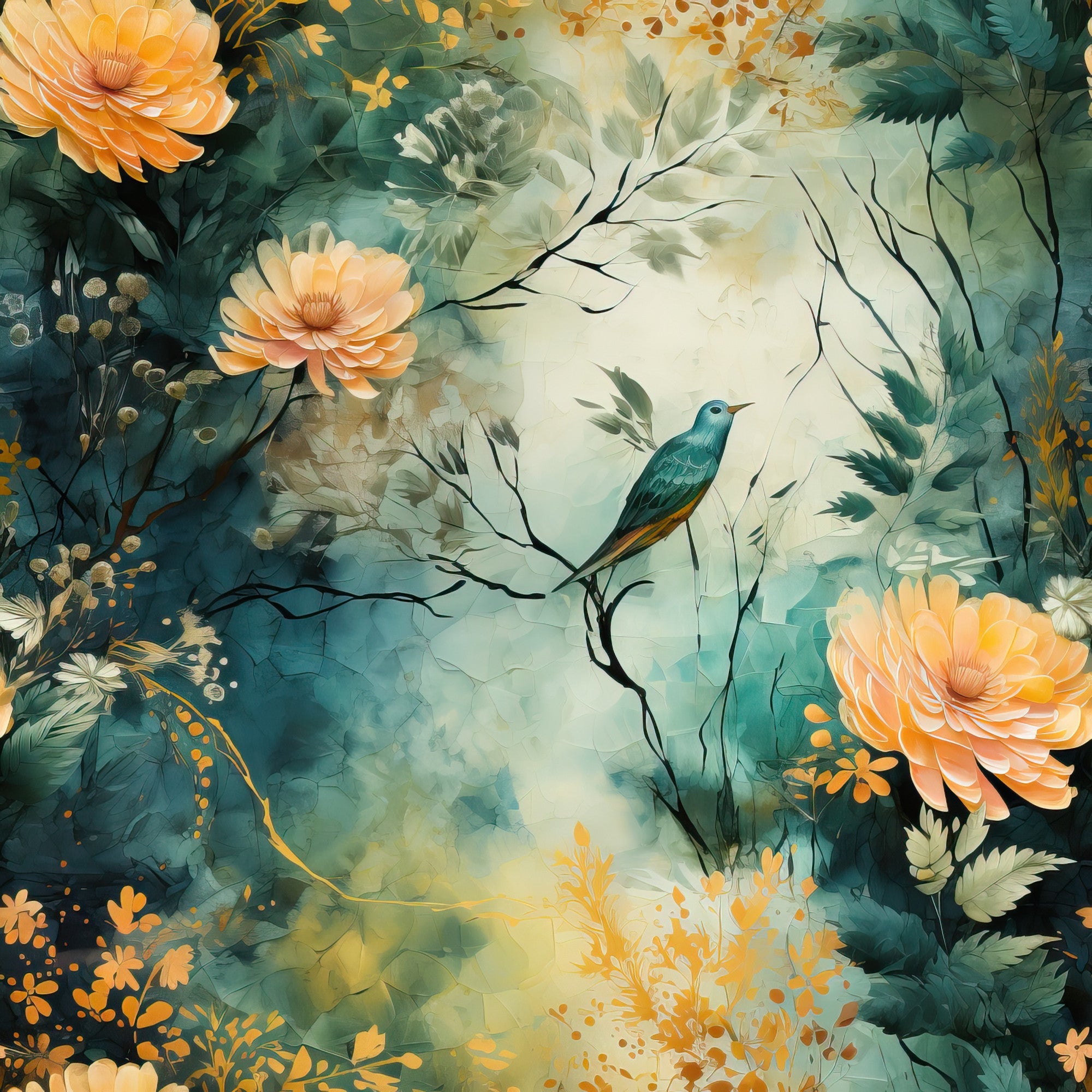 tropical bird, orange flowers, teal background, watercolor style, hummingbird, peach blooms, sage green, golden accents, botanical design, nature scene,, fabric panel, autumn colors, floral motif, dreamy atmosphere, layered petals, branch perch, artistic illustration, soft pastels, organic shapes