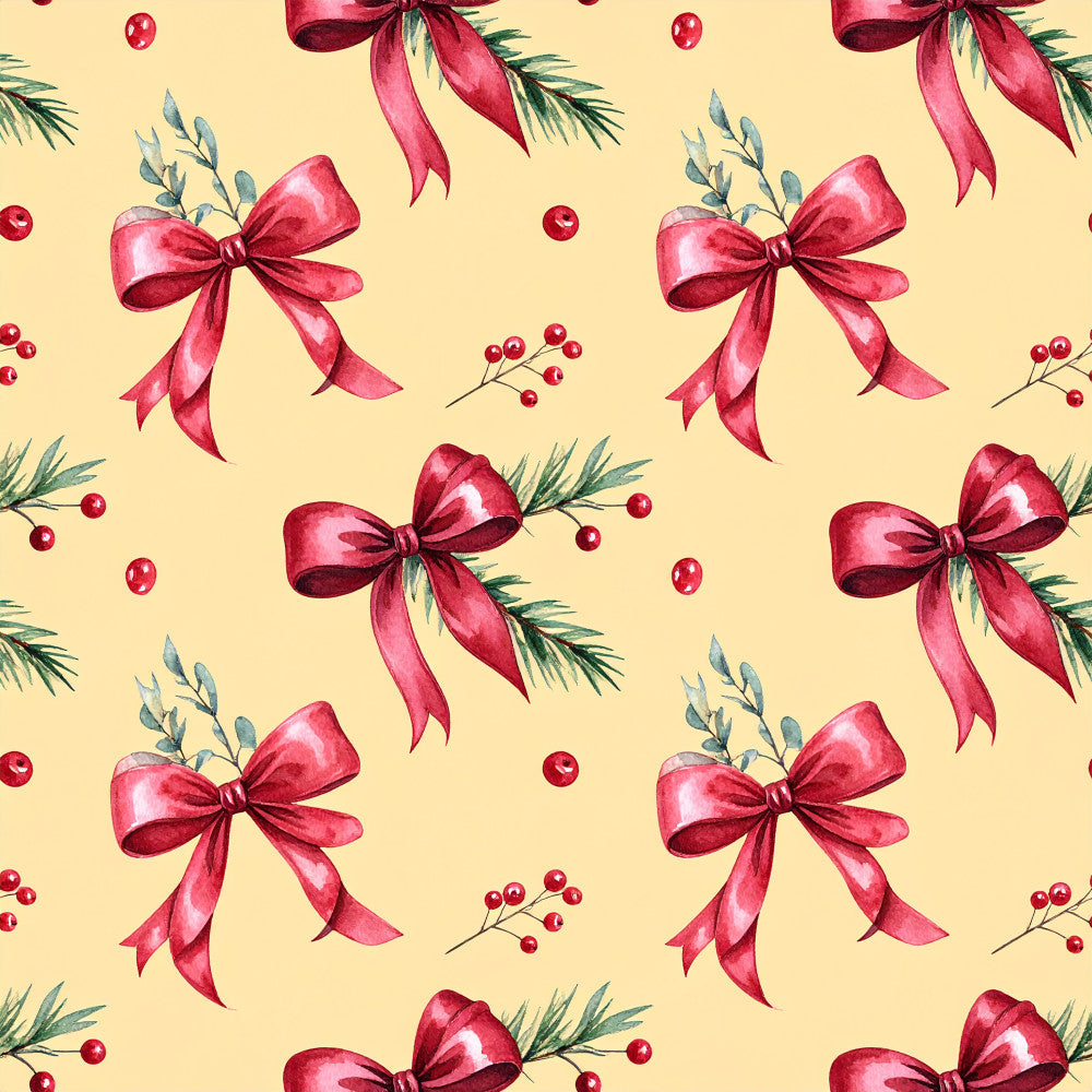 crimson red, dusty rose, cream, pale yellow, soft pink, evergreen, teal, holiday, christmas, festive, floral, botanical, bows, ribbons, berries, pine branches, eucalyptus, elegant, traditional, vintage, romantic, classic, winter, seasonal, gift wrap inspired, nature, greenery, sparkle, luxe, sophisticated