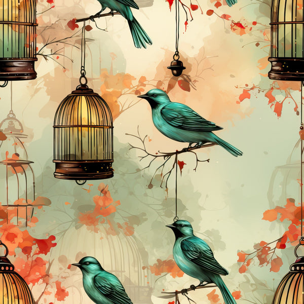 teal birds, vintage birdcages, autumn leaves, coral orange, turquoise, brass cages, hanging lanterns, tree branches, watercolor style,, fabric panel, fall foliage, ornate cages, perched birds, warm tones, whimsical design, nature motifs, decorative chains
