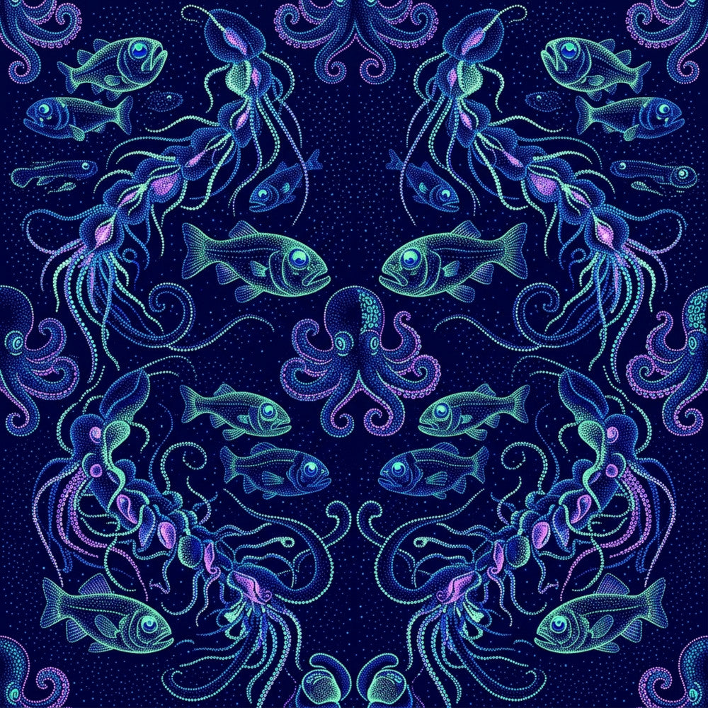 navy blue, deep blue, cyan, turquoise, mint green, purple, magenta, pink, neon glow, dotted, ornamental, symmetrical, ocean, underwater, marine life, nautical, celestial, mystical, whimsical, bioluminescent, octopus, squid, fish, jellyfish, sea creatures, glowing, magical, fantasy, dreamlike, kids room