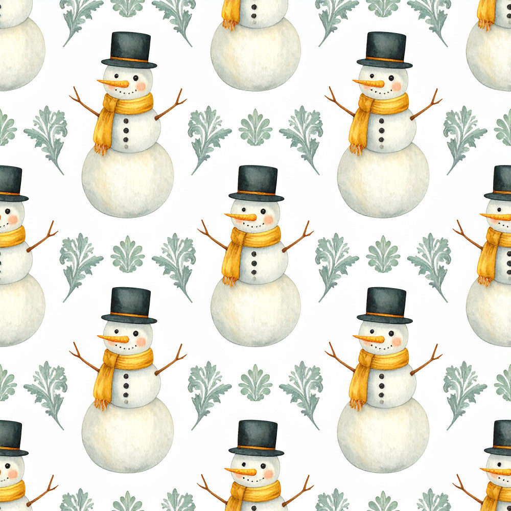 cream snowman, gold scarf, black top hat, carrot nose, winter, holiday, christmas, snow, festive, whimsical, sage green, muted green, acanthus leaves, classical ornaments, vintage, elegant, playful, kids room, nursery, baby shower, seasonal, frost, frosty, traditional, decorative, cheerful