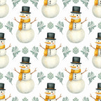 cream snowman, gold scarf, black top hat, carrot nose, winter, holiday, christmas, snow, festive, whimsical, sage green, muted green, acanthus leaves, classical ornaments, vintage, elegant, playful, kids room, nursery, baby shower, seasonal, frost, frosty, traditional, decorative, cheerful