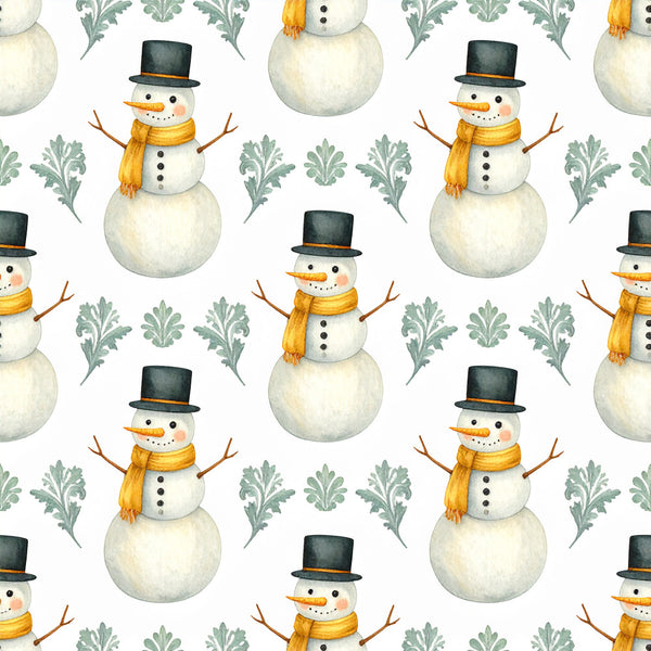 cream snowman, gold scarf, black top hat, carrot nose, winter, holiday, christmas, snow, festive, whimsical, sage green, muted green, acanthus leaves, classical ornaments, vintage, elegant, playful, kids room, nursery, baby shower, seasonal, frost, frosty, traditional, decorative, cheerful