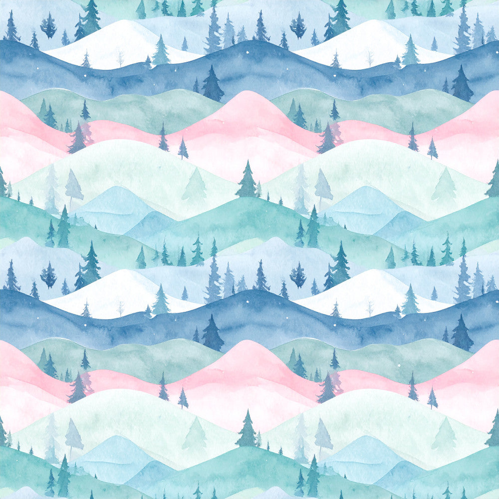 winter landscape, snowy mountains, forest trees, layered hills, pastel pink, soft blue, sage green, mint green, pale cream, icy white, winter scene, nature, scenic, peaceful, calming, whimsical, watercolor style, painted effect, repeating pattern, nature lover, nursery, kids room, playroom, winter theme, cold season, christmas, holiday, mountain scenery, enchanted forest