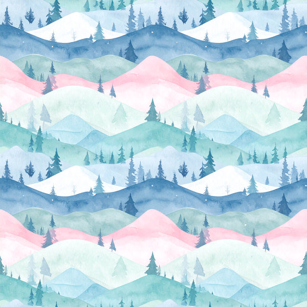 winter landscape, snowy mountains, forest trees, layered hills, pastel pink, soft blue, sage green, mint green, pale cream, icy white, winter scene, nature, scenic, peaceful, calming, whimsical, watercolor style, painted effect, repeating pattern, nature lover, nursery, kids room, playroom, winter theme, cold season, christmas, holiday, mountain scenery, enchanted forest