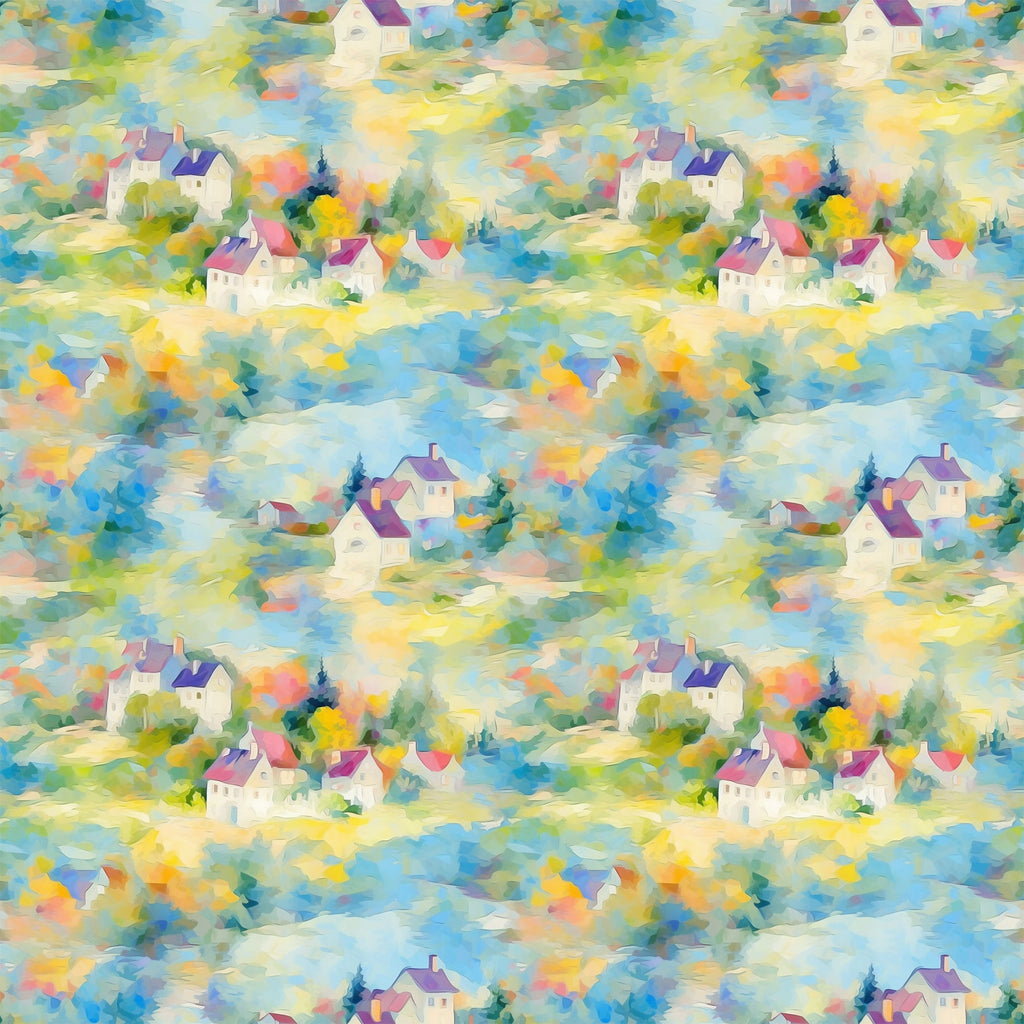 monet inspired, impressionist style, village houses, cottage scene, watercolor effect, pastel colors, soft blues, gentle yellows, lavender purple, sage green, peachy pink, dreamy atmosphere, artistic brushstrokes,, fabric panel, repeating pattern, countryside landscape, whimsical buildings, painterly texture, serene mood