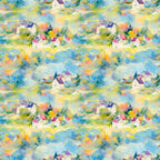 monet inspired, impressionist style, village houses, cottage scene, watercolor effect, pastel colors, soft blues, gentle yellows, lavender purple, sage green, peachy pink, dreamy atmosphere, artistic brushstrokes,, fabric panel, repeating pattern, countryside landscape, whimsical buildings, painterly texture, serene mood
