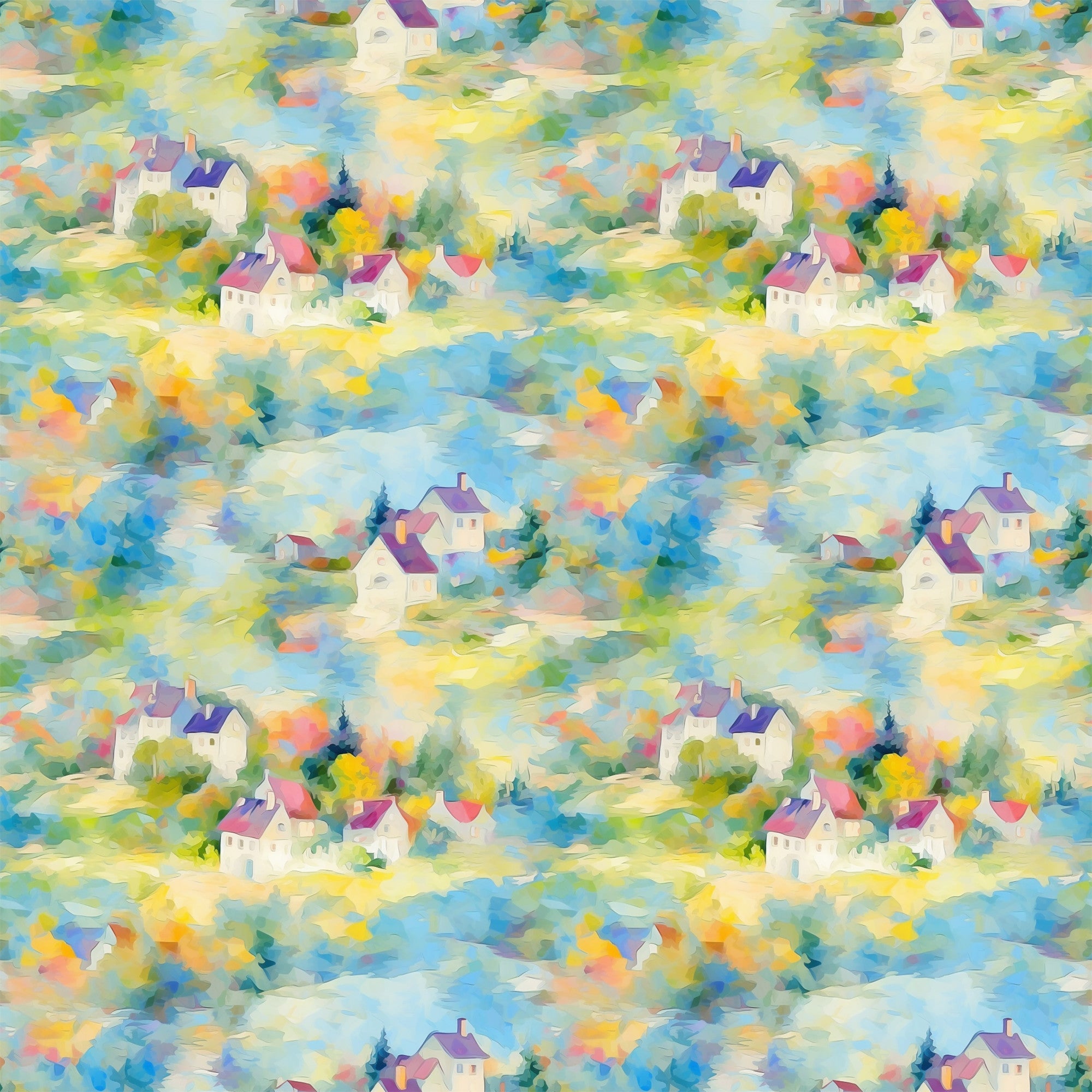 monet inspired, impressionist style, village houses, cottage scene, watercolor effect, pastel colors, soft blues, gentle yellows, lavender purple, sage green, peachy pink, dreamy atmosphere, artistic brushstrokes,, fabric panel, repeating pattern, countryside landscape, whimsical buildings, painterly texture, serene mood