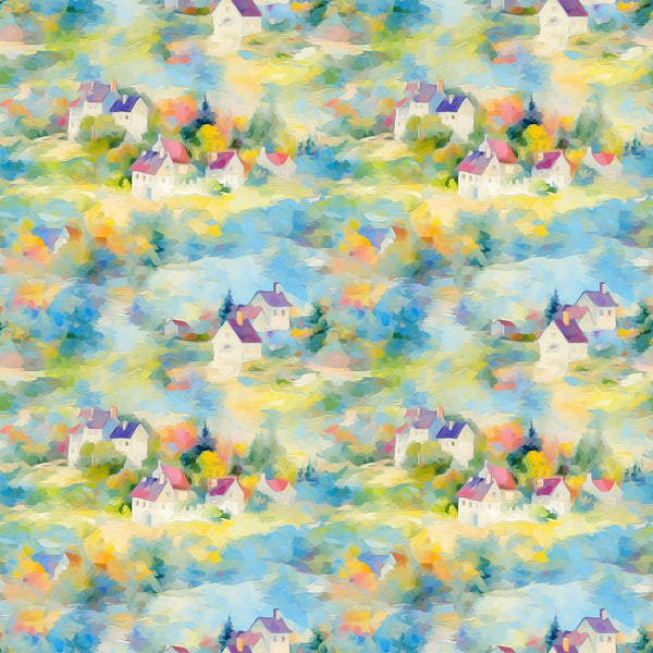 monet inspired, impressionist style, village houses, cottage scene, watercolor effect, pastel colors, soft blues, gentle yellows, lavender purple, sage green, peachy pink, dreamy atmosphere, artistic brushstrokes,, fabric panel, repeating pattern, countryside landscape, whimsical buildings, painterly texture, serene mood